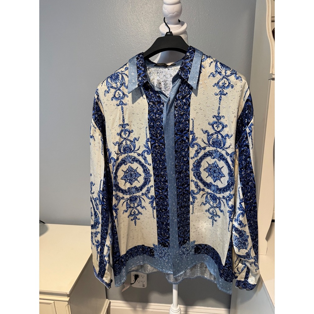 Creme De Silk Vintage Baroque Print 100% Silk Button Down Shirt Blue Silver XL